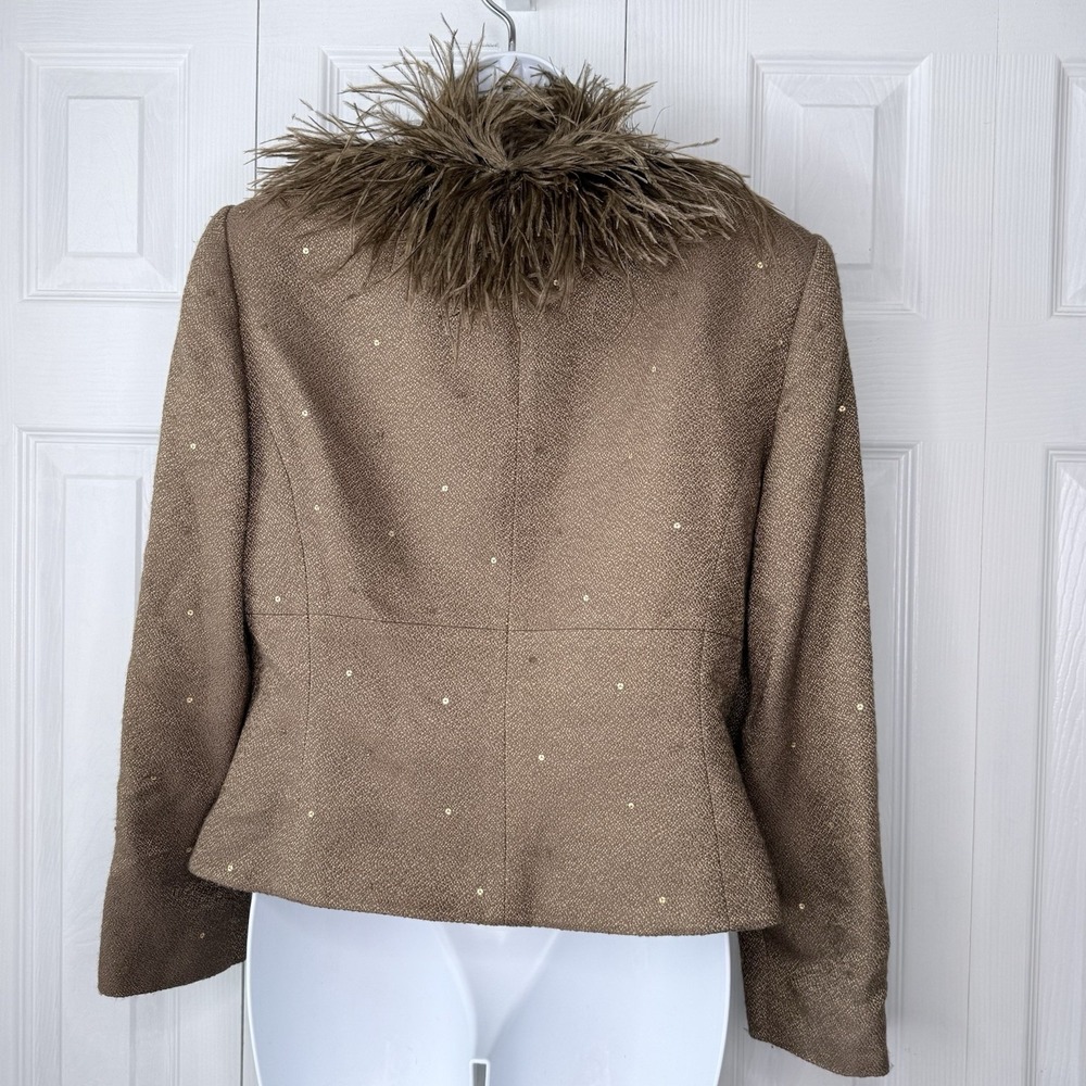Albert Nipon Jacket Women Size 10P Brown Open Front Wild Artsy Fringe Ostrich - Picture 3 of 14